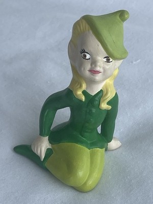 1950 s Vintage Ceramic Pixie Elf Girl Green Ceramic Sitting Figurine - Has Chip