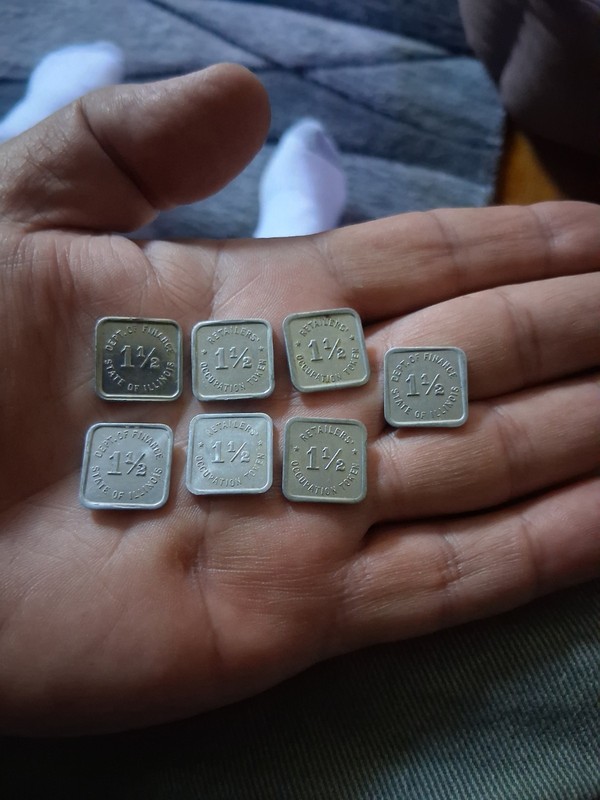 Lot Of 7 Depression Era 1 1/2 Mills Retailers Occupation Tokens Illinois Tax.