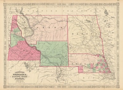 Johnson's Nebraska, Dakota, Idaho und Montana. Wyoming 1866 alte antike Karte