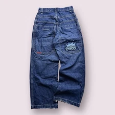 Vintage Men’s JNCO Blue Crown Tribal Wide Leg Baggy Skater Jeans 28x29 Y2K READ!