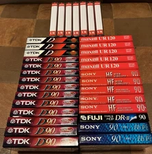 Lot of 34 NEW Blank Cassette Tapes Sealed: TDK 14, Sony 7, Maxell 5 (7), Fuji 1,