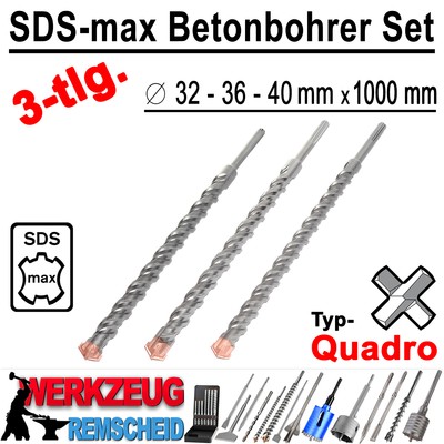 3-tlg SDS-max Quadro Hammerbohrer Bohrhammer Beton Bohrer Ø 32 36 40 mm x 1000mm