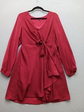 Express Women L Dress Pink Polyester V-Neck Long Sleeve Wrap Tie Front Ruffle