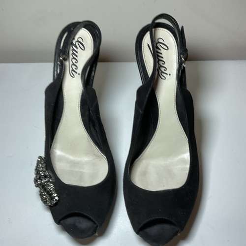 Gucci Black Suede Peep Toe Slingback Pumps with Embellishment