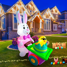 6 Ft Inflatable Yard Decoration for Easter, Easter Bunny Push Trolley Blow up E