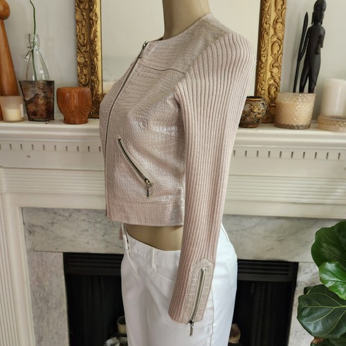 Giacca maglia pelle beige perla rettile girocollo cropped taglia small - Foto 6 di 10