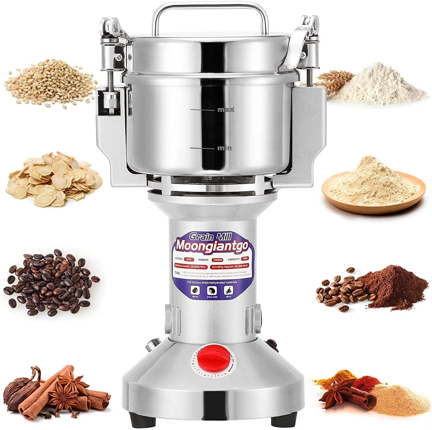 Grain Mill Grinder Electric 300G Commercial Spice Grinder 1500W Stainless Steel