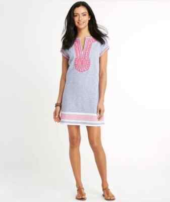 Vineyard Vines Blue White Striped Pink Embroidered Linen Tunic