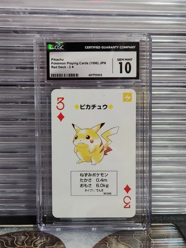 Pokemon CGC 10 GEM MINT 1996 Pikachu Red Deck 3 Of Diamonds Playing Card (POP 3)