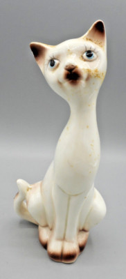 White Siamese Cat Ceramic Sitting Figure Long Neck Brown Pottery Accents 7.5''