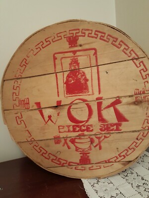 WOK/ASIAN ART WORK Wood Crate BOX Advertising ROUND Lidded  18'' X 7.5'' RARE