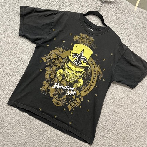 New Orleans Saints Shirt Mens L Black Skull NFL Football Reebok Super Bowl XLIV - Picture 2 of 13