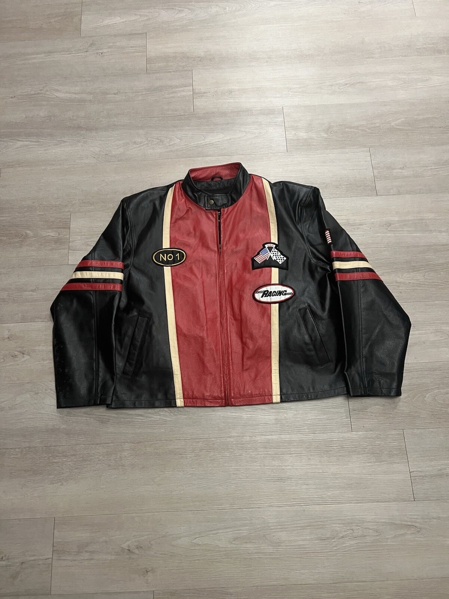 Vintage 90s USA Leather Moto Striped Black Red White Racing Jacket 