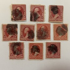 INTERESTING FANCY CANCEL "BLOBS" LOT ON 10 US WASHINGTON 2C RED STAMPS #50