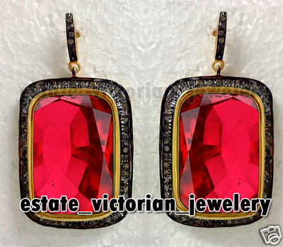 Victorian 1.35Ctw Rose Cut Diamond Ruby Studded Silver Stunning Earring Jewelry