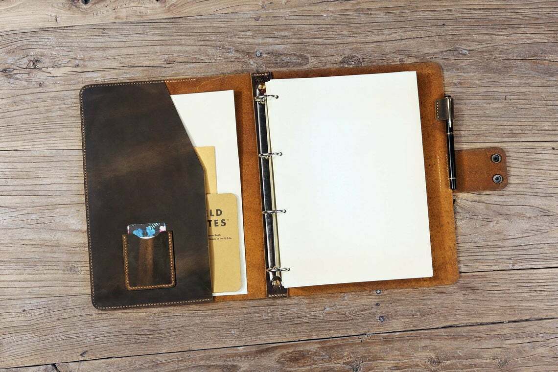 Personalised leather A4 ring binder , retro leather A4 4 ring binder folder