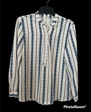 Unbranded Womens Shirt Small White Blue Stripe Button Front V Neck Long Sleeve
