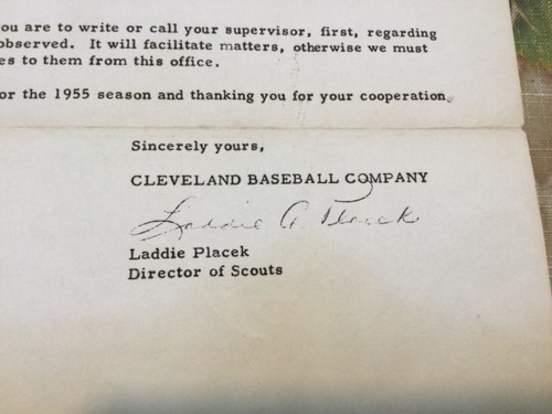 January 14, 1955 Letter From Cleveland Indians Director of Scouts Laddie Placek - Picture 2 of 5