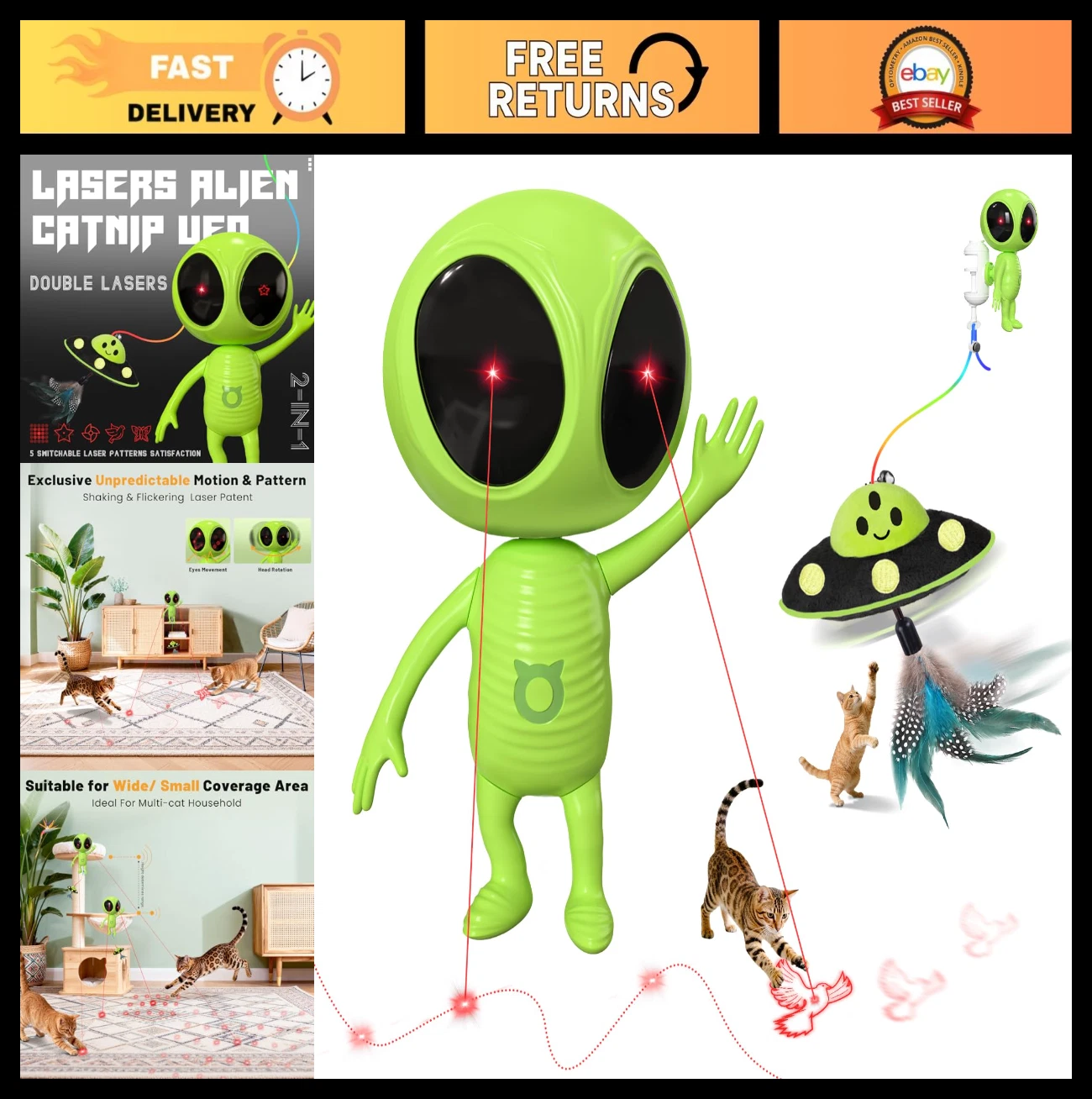 Interactive 2-in-1 Cat Laser Toy with Catnip Dangler, Rechargeable, Motion-Activ