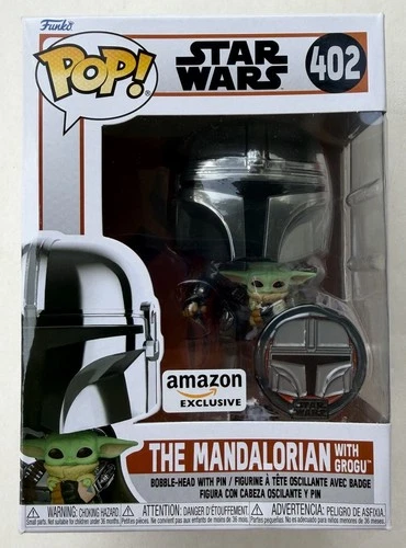 Funko Pop Star Wars 402 Chrome Mandalorian w/ Grogu & Pin Amazon W/ Protector