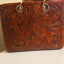 Tooled Leather Western Floral Handbag Purse with Ring Handles