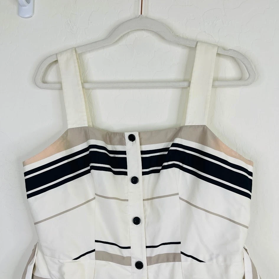 Karen Millen Button Front A Line Tank Sundress Cotton Striped Preppy Size 10 - Image 4 of 4