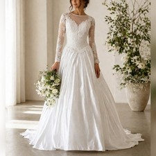 Unbranded Vintage 90s White Embroidered Lace  Satin Wedding Dress sz 6