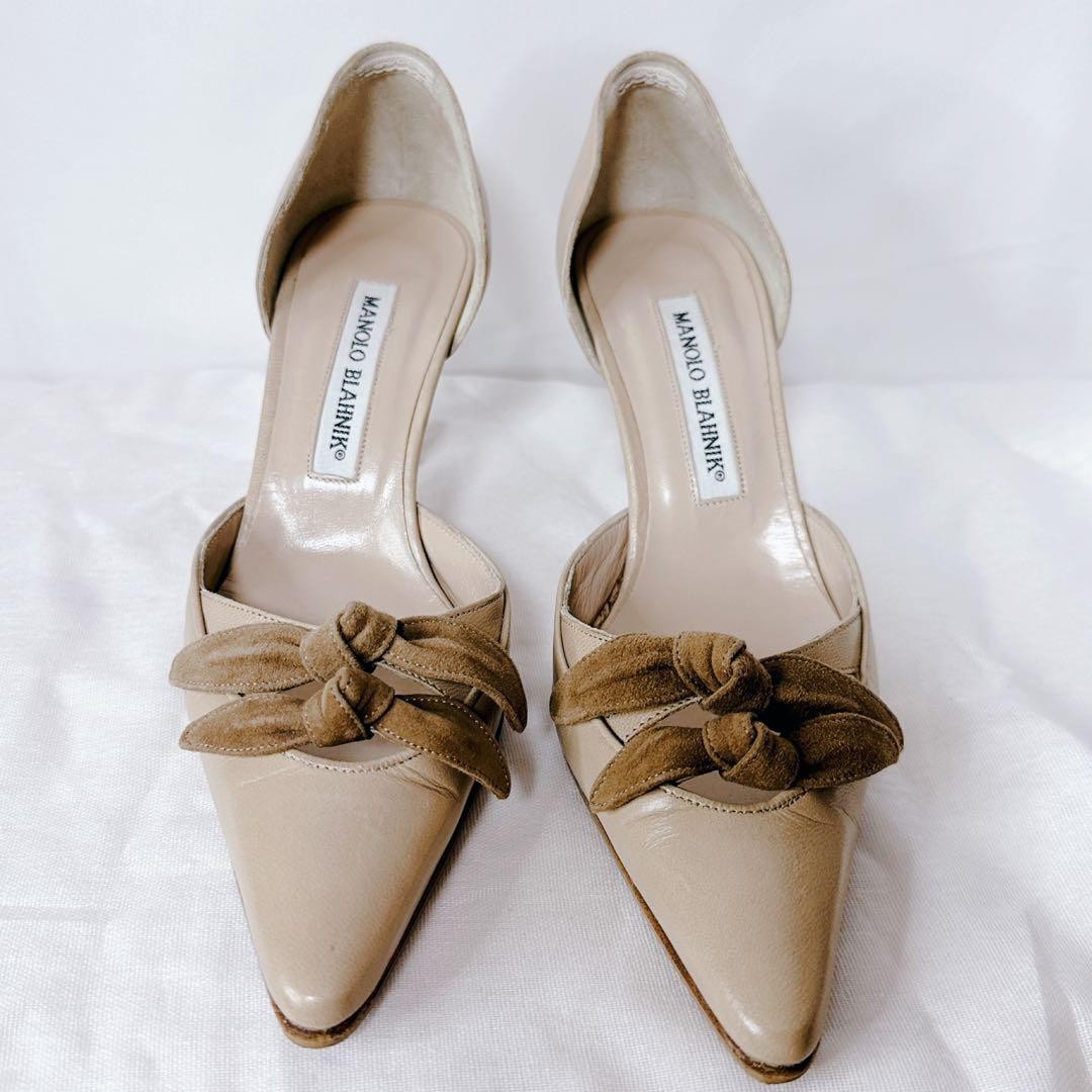 Rare Manolo Blahnik Beige Pointed Toe Ribbon Heels Size 35.5 US 5 image 2