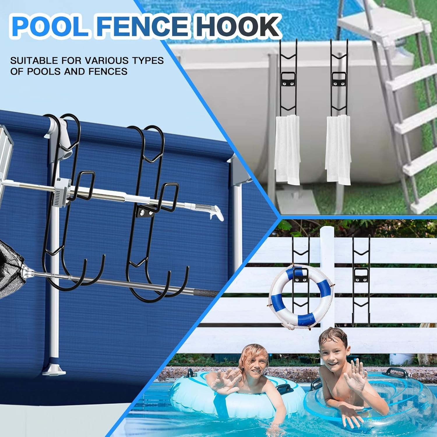 2Pcs Pool Fence Hooks, Heavy Duty Pool Pole Hangers with Detachable Poolside