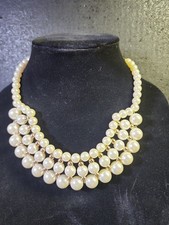 Triple Strand Faux Pearl Statement Necklace Gold Tone Collar Layered Bib