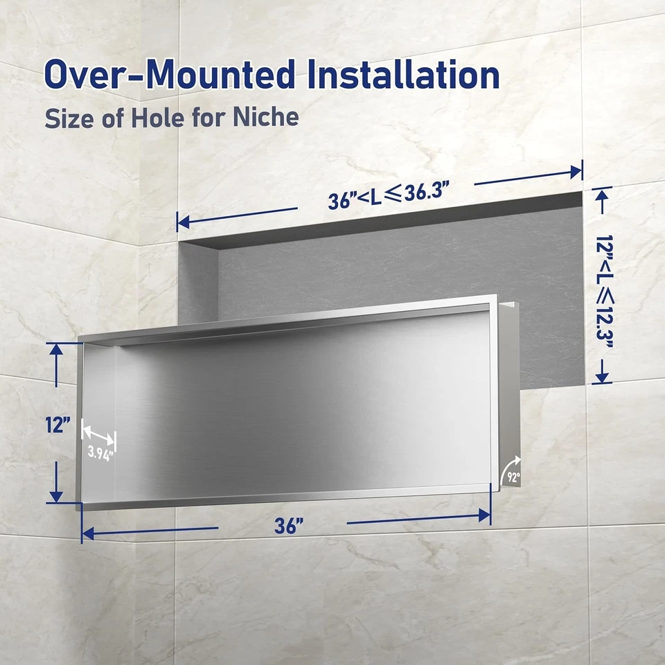 Led Shower Niche 36 英寸 X 12 英寸拉丝 304 不锈钢淋浴架 嵌入式  — 第 3/4 张图片