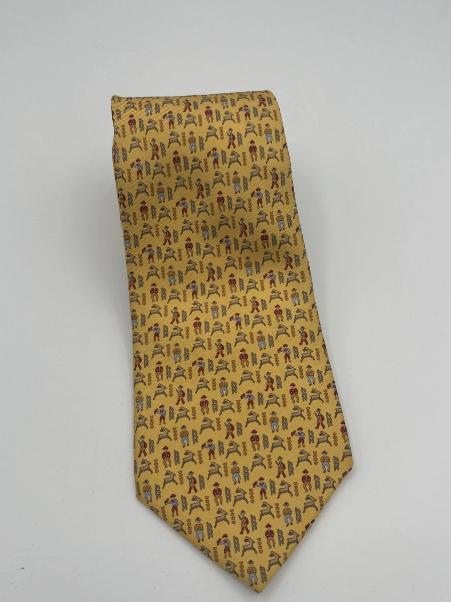 SALVATORE FERRAGAMO Men's 100% Silk Necktie ITALY Luxury Animal Llama Yellow
