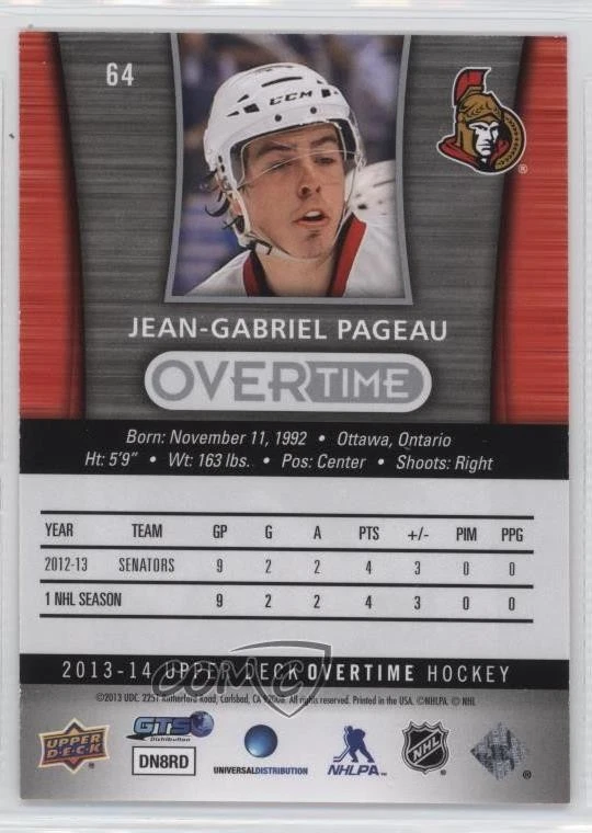 2013-14 Upper Deck Overtime Jean-Gabriel Pageau #64 Rookie RC - Image 2 of 2