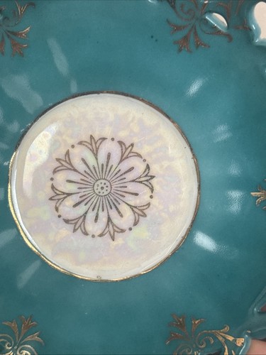 VTG L & M Royal Halsey Fine Bone China Saucer Turquoise Gold Lusterware heart 6” - Picture 7 of 15