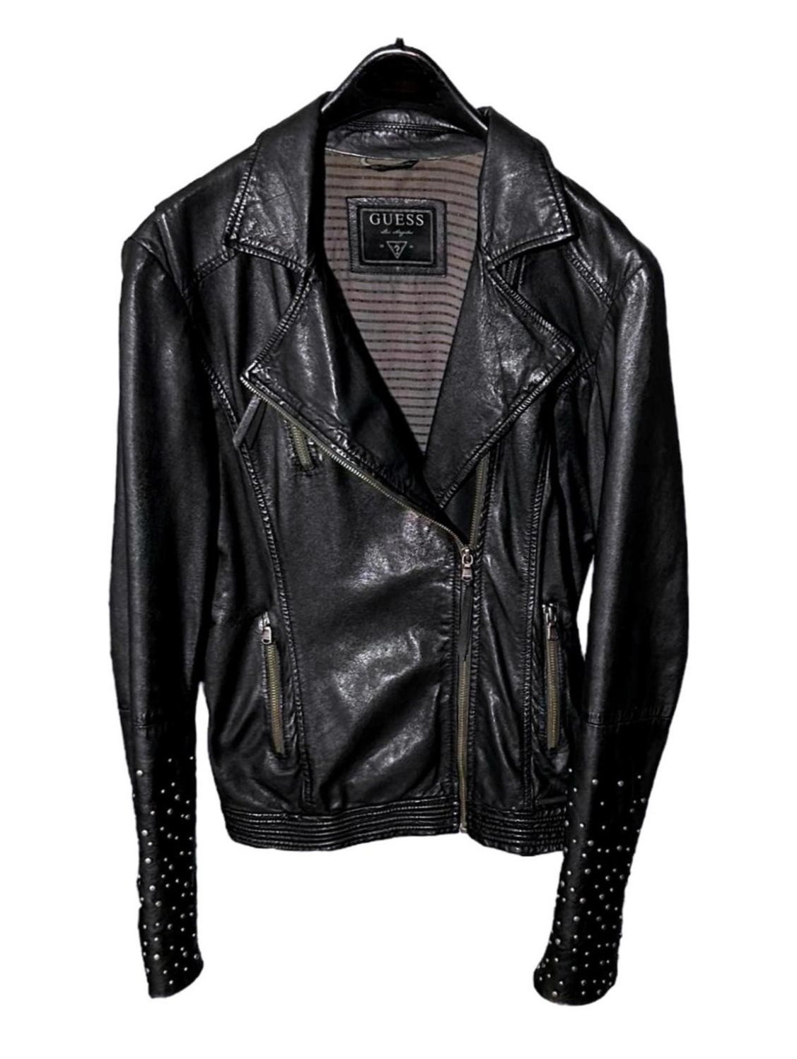 GUESS Vintage Womens (S) Black 100% Soft Lamb Leather Zip-Up Moto Jacket - Lined