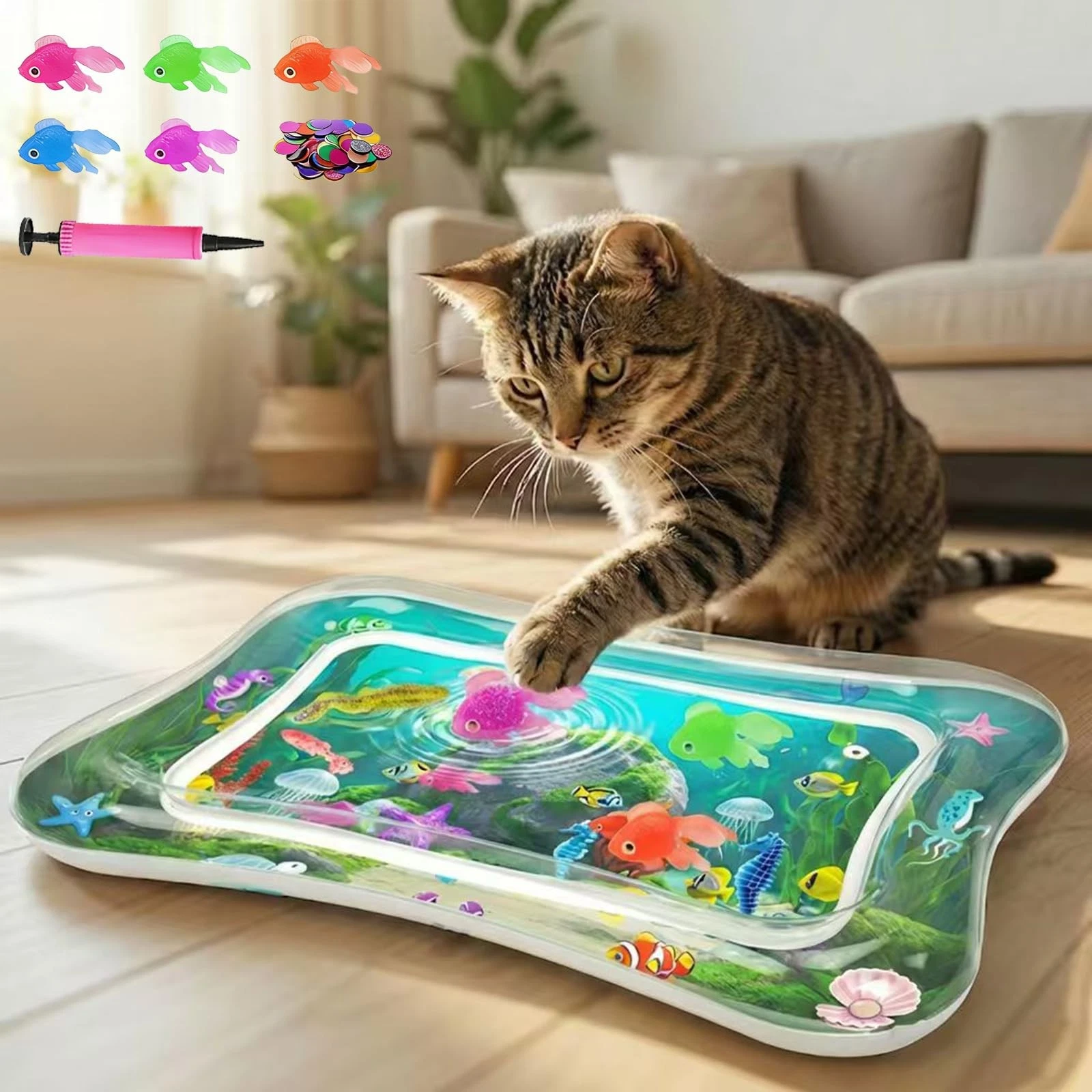 Interactive Cat Toy for indoor Cats, Upgraded Water Mat with Fish - Green