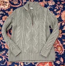 LL Bean Cable Knit Cardigan Fisherman Sweater Women  s Med Petite Full Zip Green