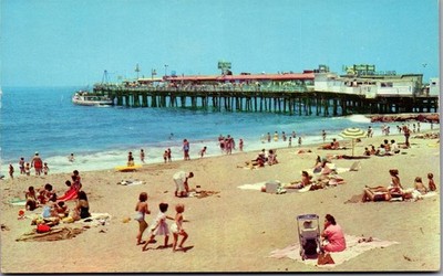 Vintage Postcard Sunbathers on Beach by Fishing Pier Redondo Beach