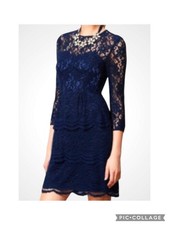Kachel Anthropologie Blue Lace Overlay Tiered Sweetheart Long Sleeve Dress 12