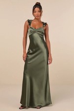 New Lulus Exuberant Luxury Olive Green Satin Ruffled Lace Up Maxi Dress Medium