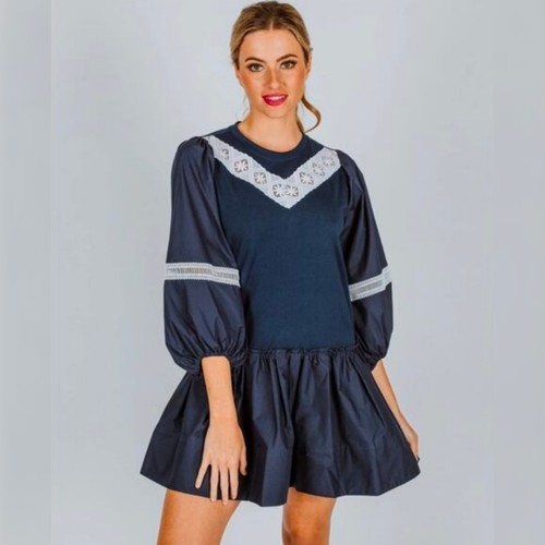 New Tanya Taylor - XS Women's Kirstie Navy Blue Drop Wst Puff Sleeve Mini Dress