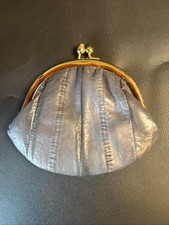 Vintage Genuine EEL Skin Change Coin Purse, Gold Kiss Lock, Gray