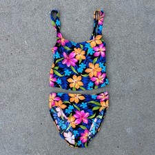 VTG 90s Catalina neon hibiscus tropical floral high rise tankini bikini S/M