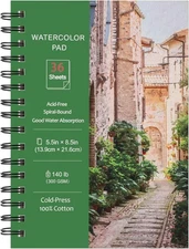 Prudiut 36 Sheets Watercolor Paper Pads 5.5x8.5”, 140 lb/300 GSM Cold Press Wa
