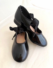 Capezio Girls Black Patent Tap Dance Shoes Ribbon Tie Metal Tap Plates 13W