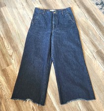 Zara Wide Leg High Waist Cropped Jeans Womens 10 Raw Hem Dark Wash Flat Front