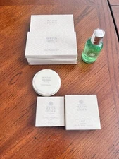 MOLTON BROWN TRAVEL SIZE MOUTHWASH 2 SHOWER CAPS SHOE SHINE 2 SOAPS 3 VANITY