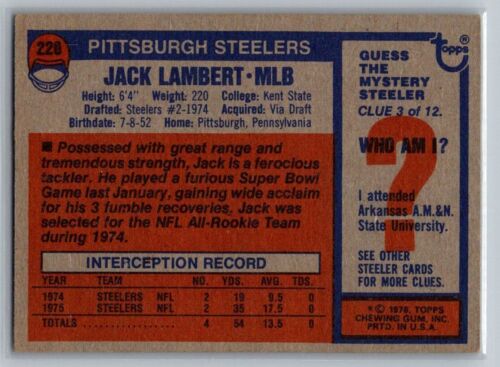 1976 Topps #220 Jack Lambert Pittsburg Steelers RC - Picture 2 of 2