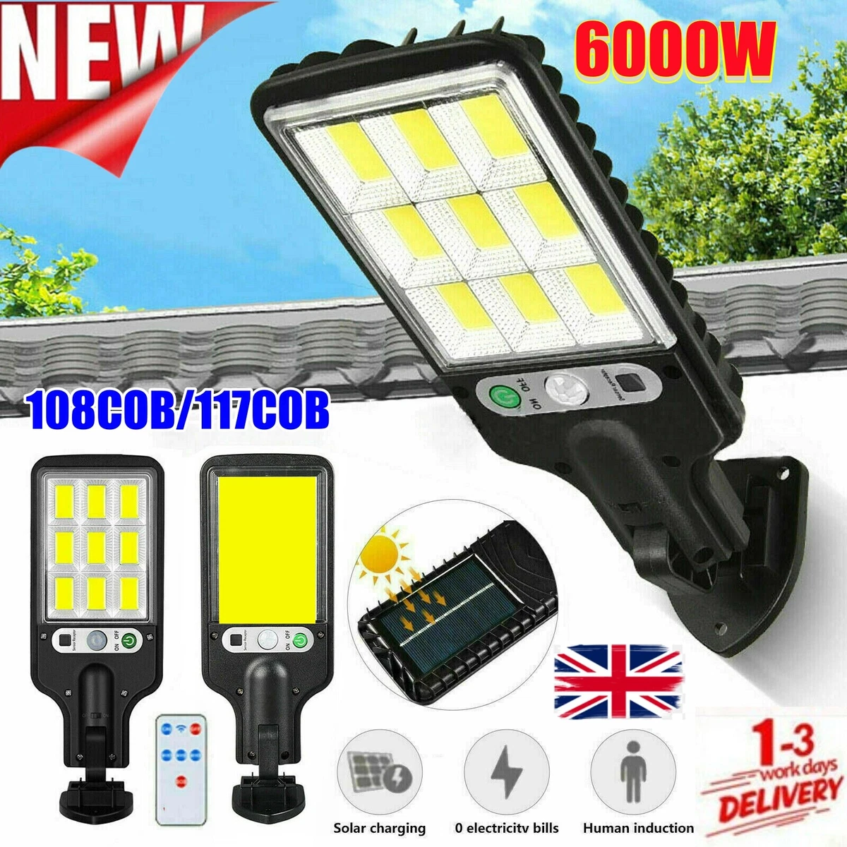 6000W 117 118 COB LED Motion Sensor Wall Lamp Solar Powered Lights Garden Patio