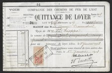 1918 : CHEMINS DE FER DE L'EST - QUITTANCE DE LOYER - TIMBRE FISCAL